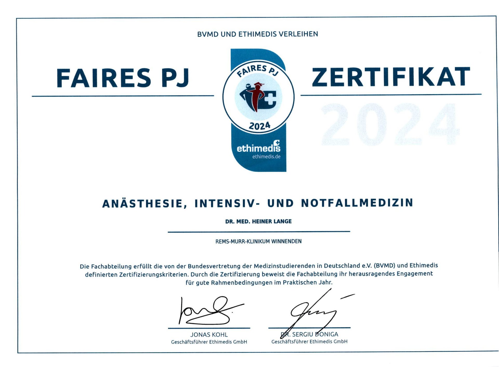 Zertifikat Praktisches Jahr Anästhesie