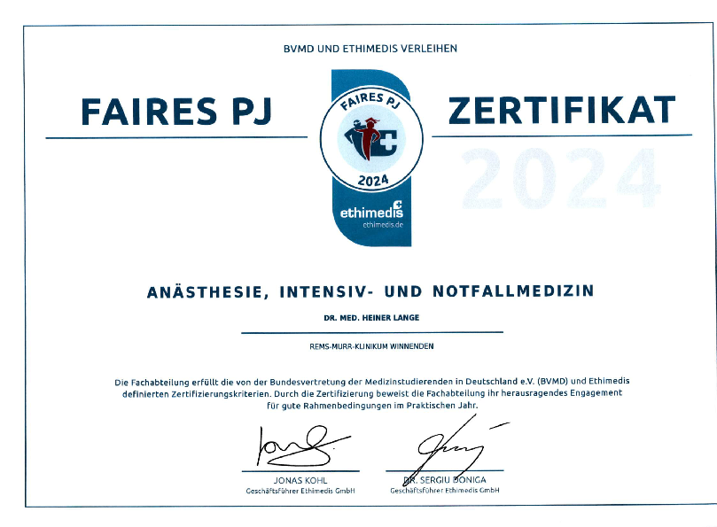 Zertifikat Praktisches Jahr Anästhesie